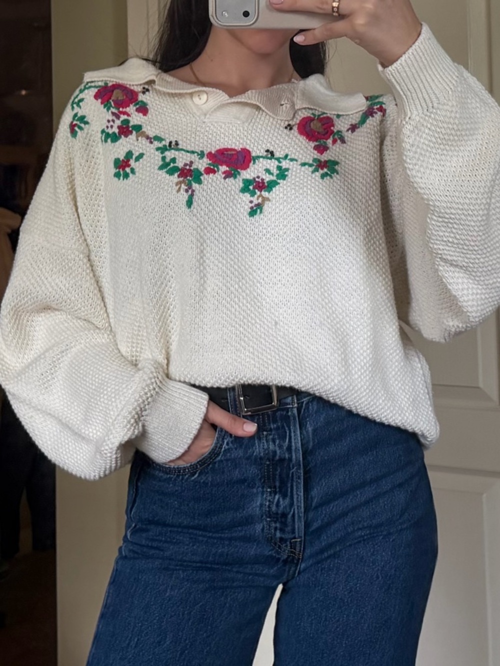 Boho Embroidered Cream Sweater